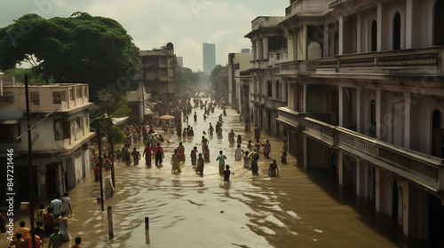 People wading through floodwaters in a city street