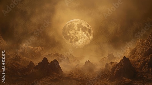 moon in center of a fantasy landscape, brown colors, generative AI assist hyper realistic 