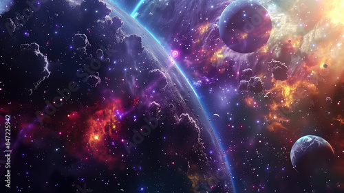 Universe scene with planets, stars and galaxies in outer space showing the beauty of space exploration