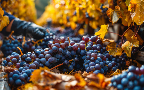 Ripe Grapes Harvested in Autumn Vineyard. The grapes are plump and juicy, ready for winemaking.