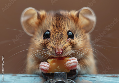 A mouse is eating a piece of cheese. The mouse is small and brown