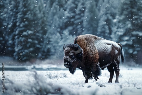 American bison standing in snowy field with snow covered pine trees in background