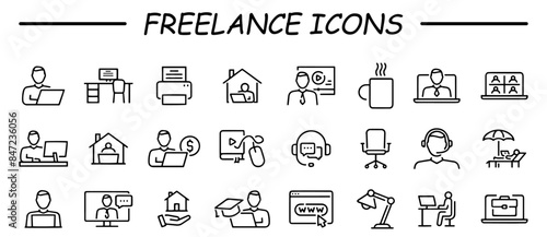 Freelance icons. Simple icon set of workplace related vector line icons. contains such icons as remote work, coworking, video conference and more.