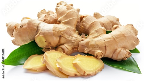 Fresh ginger root with sliced pieces on green leaves. Perfect for culinary and medicinal purposes. Crisp, high-quality ginger close-up ideal for food blogs and healthy living articles. AI