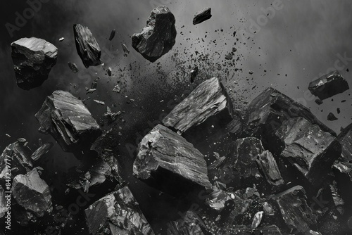 Black coal explosion with pieces of coal flying in the air on a dark background