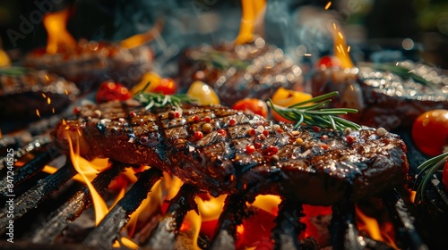 Grilled Steaks with Herbs and Spices over Open Flame in Outdoor Setting