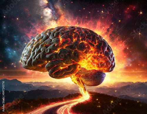 Human brain with bright light shining from within outward and a trail of fire leading towards it, against a background of the universe. Concept for overthinking