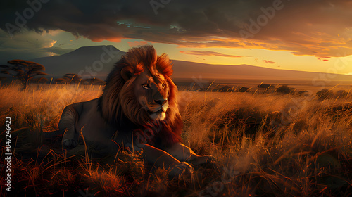 lion in the sunset. Generative AI