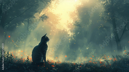 Lost cat in the forest with mystic light illustration