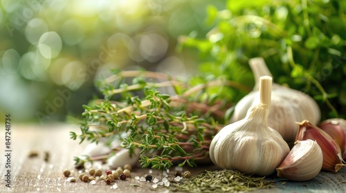 Thyme and garlic displayed on a bright surface healthful ingredients for nourishing meals and natural remedies