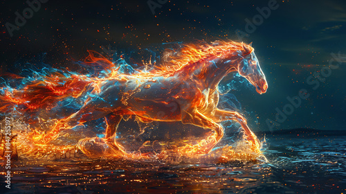 Magical racing horse on black background