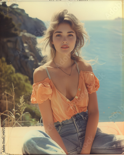1980s style portrait of a beautiful blonde woman in La Costa Brava in the summer, Mediterranean sea
