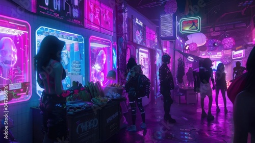 Magenta Cyberpunk Night Market: Featuring a vibrant night market where traders sell illegal cybernetic implants, software hacks, and digital contraband under the glow of neon lights