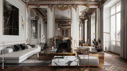 Luxurious Parisian apartment with gilded molding, antiques and marble fireplace