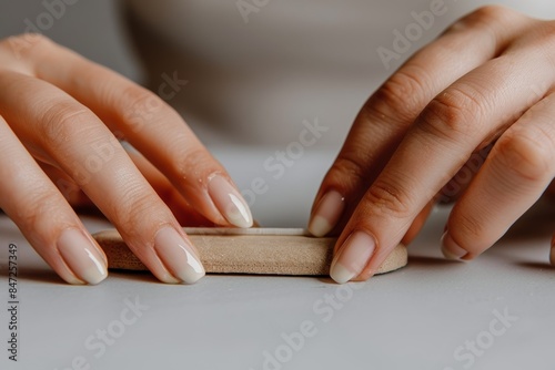Precise Nail Care: Close-Up of Hands Shaping Nails with an Emery Board in a Minimalist Setting