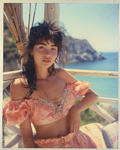 1980s style portrait of a beautiful brunette woman in La Costa Brava in the summer, Mediterranean sea