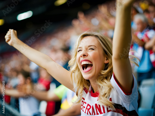 Mujer alemana en estadio de fútbol festejando triunfo