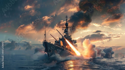 Missile launch from navy destroyer in a military special mission, warship, warboat, navy, destroyer, military, special mission, wide banner, war theme, missile launch, defense, weaponry