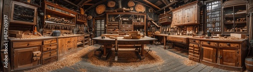 Cozy woodworking shop, tools and wood shavings, warm lighting, nostalgic