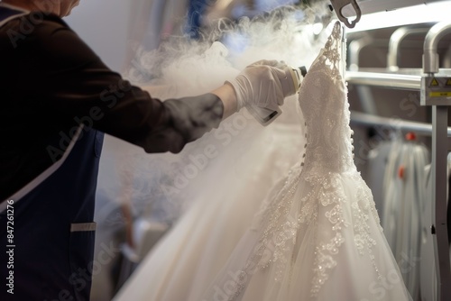 Expert Dry Cleaner Steaming Wedding Dress for a Flawlessly Pressed and Ready Bridal Gown