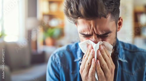 Man sneezing into tissue, living room background, bright daylight, relatable
