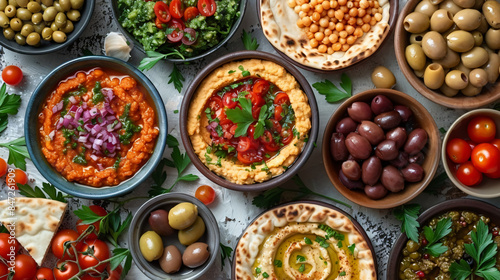 Mezze platter of pita bread surrounded by fresh vegetables