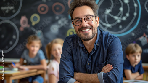 A smiling male teacher with glasses and a blue shirt is standing in a classroom. Behind him, there are children sitting at desks, and a blackboard with educational diagrams