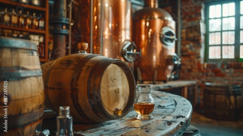 Traditional alcohol distillery concept with an old oak barrel containing bourbon whiskey Copper alambic and oak barrel in the backdrop