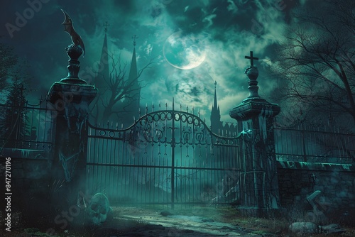 Scary cemetery gates opening to a spooky graveyard with a full moon and a bat