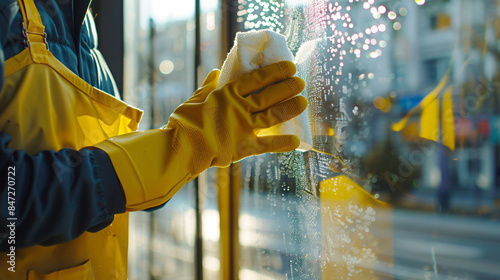 Close-up of a window cleaner in yellow uniform and gloves, working on a sunny day