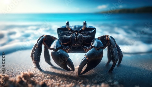 Majestic crab on a sandy beach with ocean backdrop.