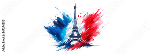 Eiffel Tower with splashes of red, white, and blue on a white background. Concept of Bastille Day, celebrated on June 14 in France. Useful for holiday promotions and cultural events. Contains copy spa