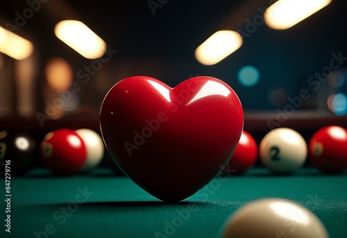 Heart in billiard ball style, on billiard table. Banner, poster, background. Copy space.