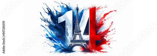 Eiffel Tower with the number 14 in red, white, and blue colors on a white background. Concept of Bastille Day, celebrated on July 14 in France. Useful for holiday promotions and cultural events.
