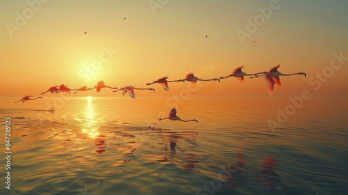 A flock of flamingos flies over the water at sunset. AI.