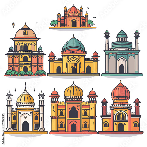 Colorful illustration featuring six separate Indian architectural landmarks, building displays intricate designs domes characteristic Indian culture. Vibrant colors, such orange, yellow, green, red