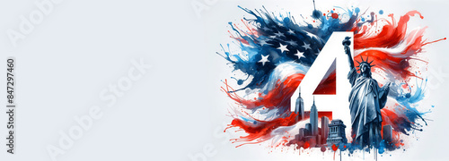 Statue of Liberty with American flag and number 4, representing Independence Day on July 4 in the USA. Perfect for holiday promotions and patriotic events. Features ample copy space