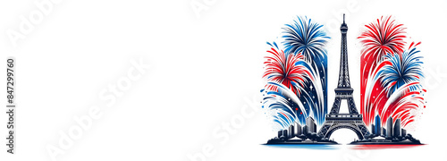 Eiffel Tower with fireworks in red, white, and blue on a white background. Concept of Bastille Day, celebrated on June 14 in France. Useful for holiday promotions and cultural events. Contains copy sp