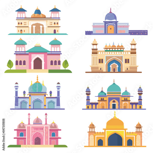 Collection Indian architecture showcases various styles, domes, arches. Colorful flat design historic buildings represent Indias cultural heritage. Eight separate palaces mosques distinct details