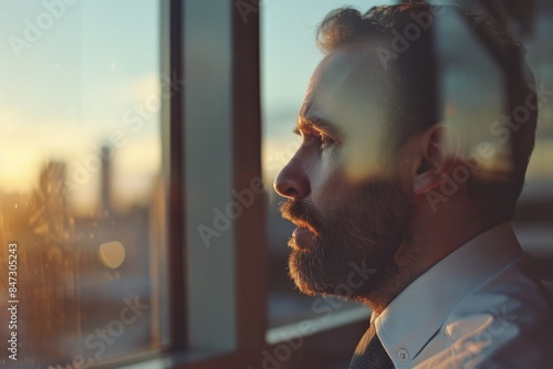 A man with a beard gazing out a window, possibly contemplating or lost in thought