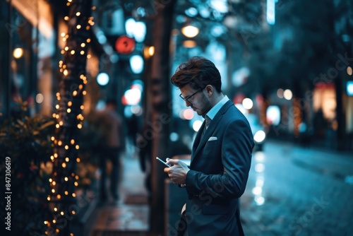 A businessman checking his mobile device on the go
