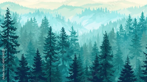 A serene forest landscape featuring tall pine trees and a green underbrush
