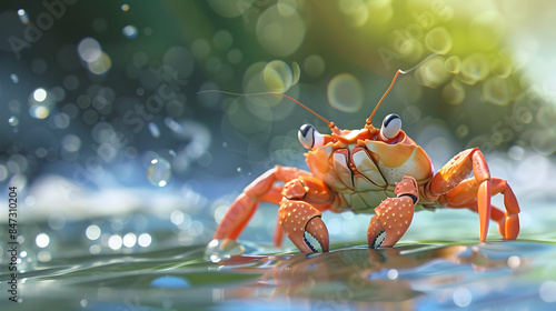 a group of crabs, including an orange and white one, swim in a body of water