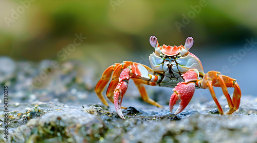 two crabs, one orange and one red and orange, sit on a rock