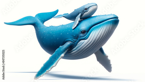 Blue whales, mother and calf, swimming together in the ocean. Concept: marine life, wildlife conservation. Suitable for eco-friendly businesses, World Oceans Day, environmental awareness campaigns. Co