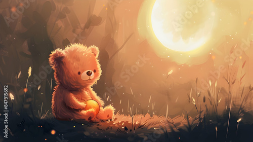 a brown teddy bear with a black eye sits in the grass under a full moon, with a wall in the background
