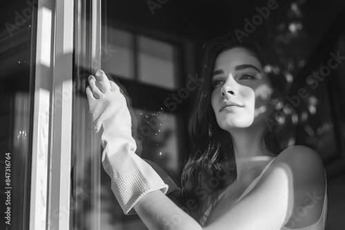 A woman wearing gloves looks out of a window, possibly with a view or contemplating something