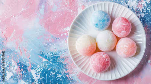 Blue-pink table on which lies a plate with Japanese mochi cakes, top view