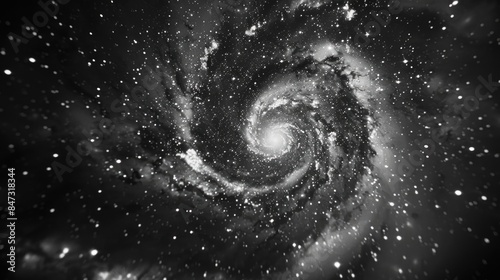 A stunning black and white photo of a spiral galaxy, great for astronomy-themed designs or as a striking visual element