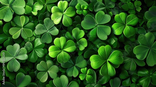 A detailed view of a cluster of green clovers, with leaves and stems visible